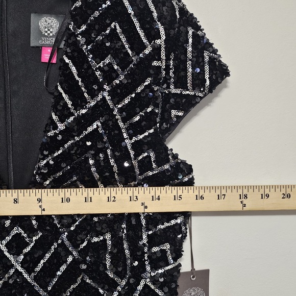 Vince Camuto Women Dress 4 Black Mini Capped Sleeve Deep Vneck Sheath Sequin 748 - Picture 5 of 15